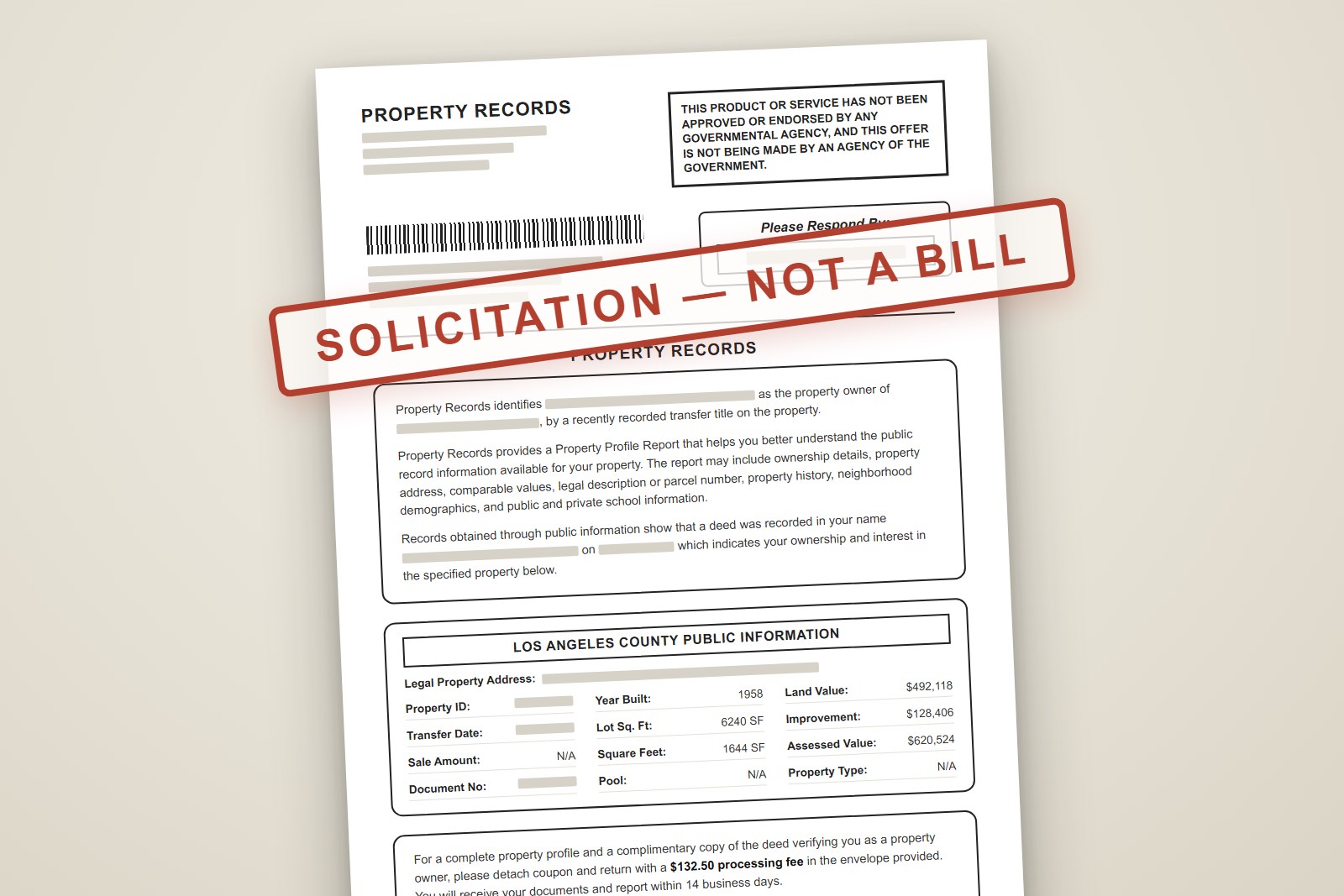 A recreated example of the official looking deed copy letter, stamped Solicitation, Not a Bill