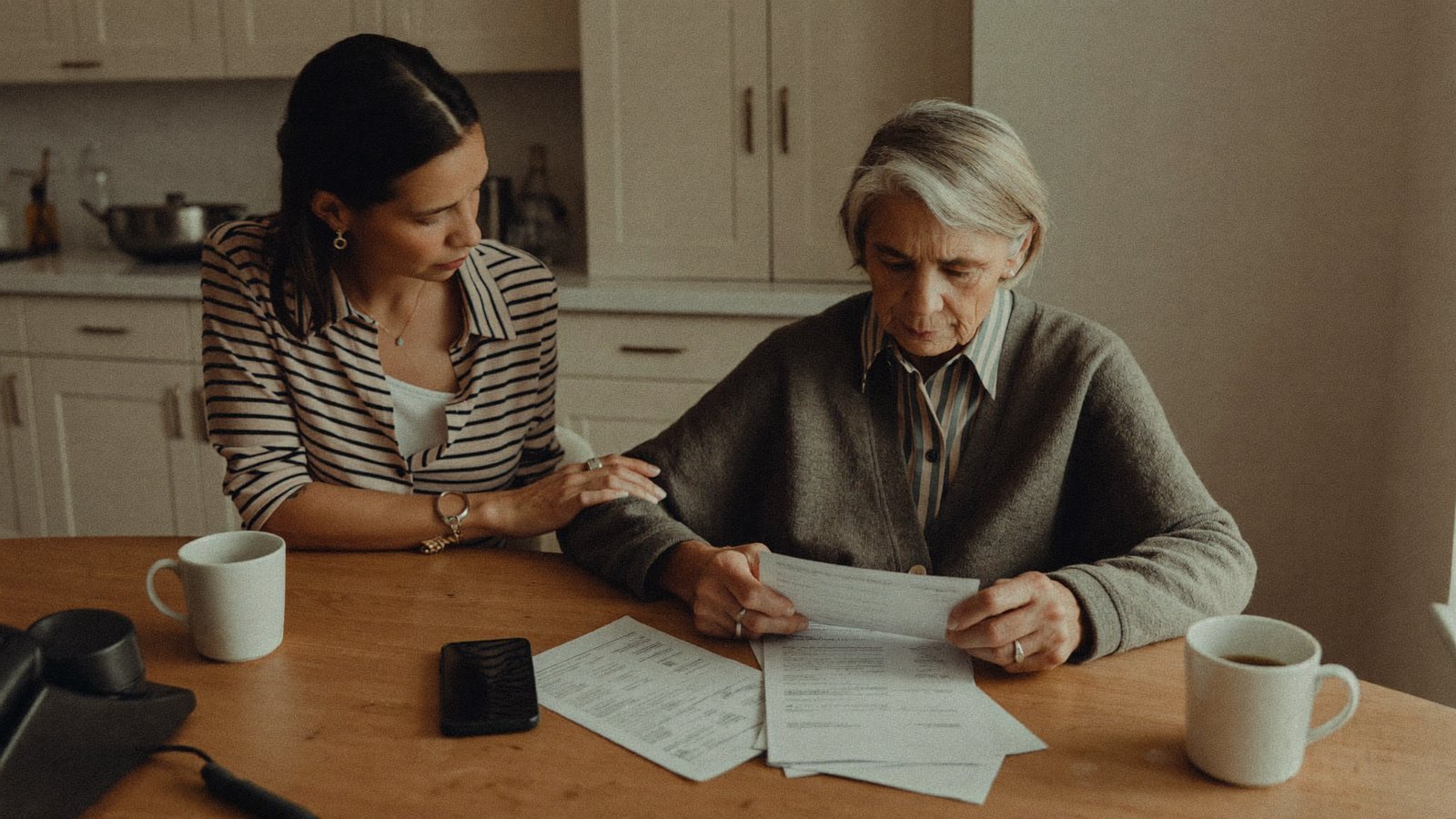 An adult daughter reviewing bank statements at a kitchen table with her elderly mother