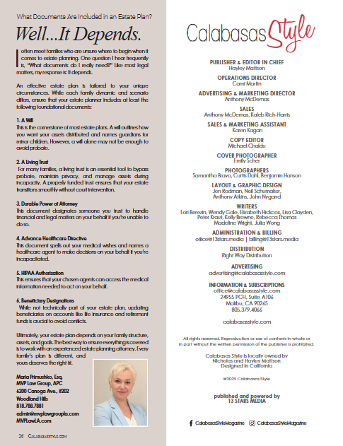 Reportaje 'Well, It Depends' de Maria Primushko sobre planificacion patrimonial en Calabasas Style Magazine 2025