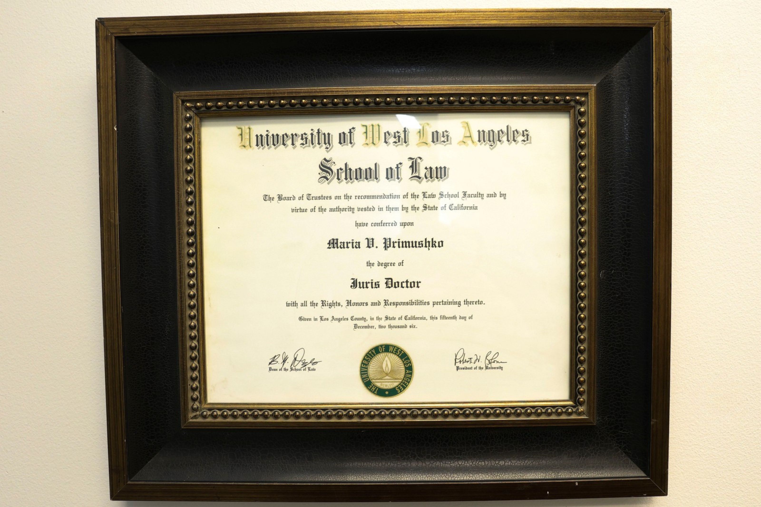 Maria V. Primushko — Juris Doctor, University of West Los Angeles School of Law